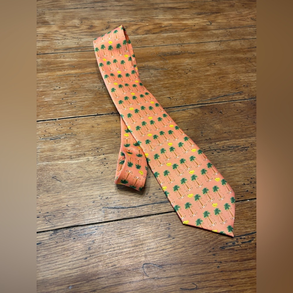 Fun Handmade Silk Coral Orange Monkey & Banana Tropical Necktie - Picture 2 of 5